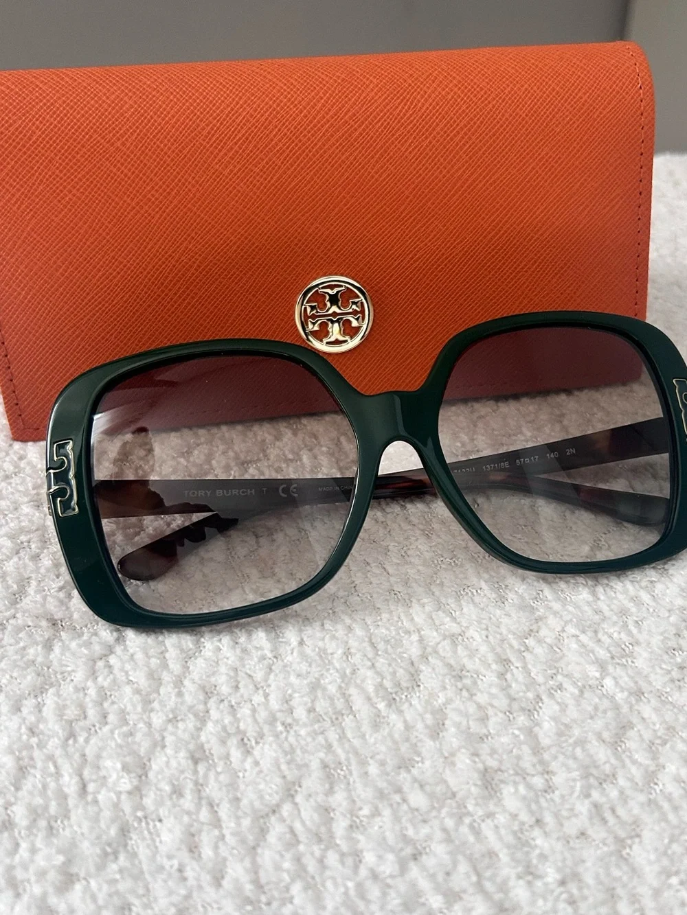 Tory Burch Dark Green Oversized Square Sunglasses with Orange Case